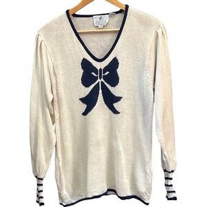 Vintage 80s Campus V-Neck Sweater Coquette Nautical Bow Trim Striped Cuffs M